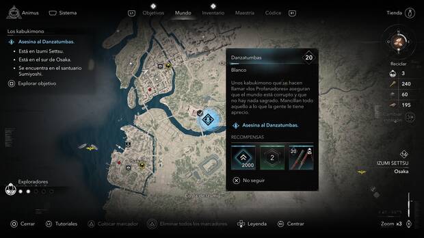 Assassin's Creed Shadows - Localización del objetivo Danzatumbas de la organización Los kabukimono