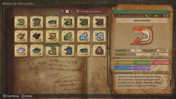 Monster Hunter Wilds - Misiones de pesca, ficha del Amia preñada